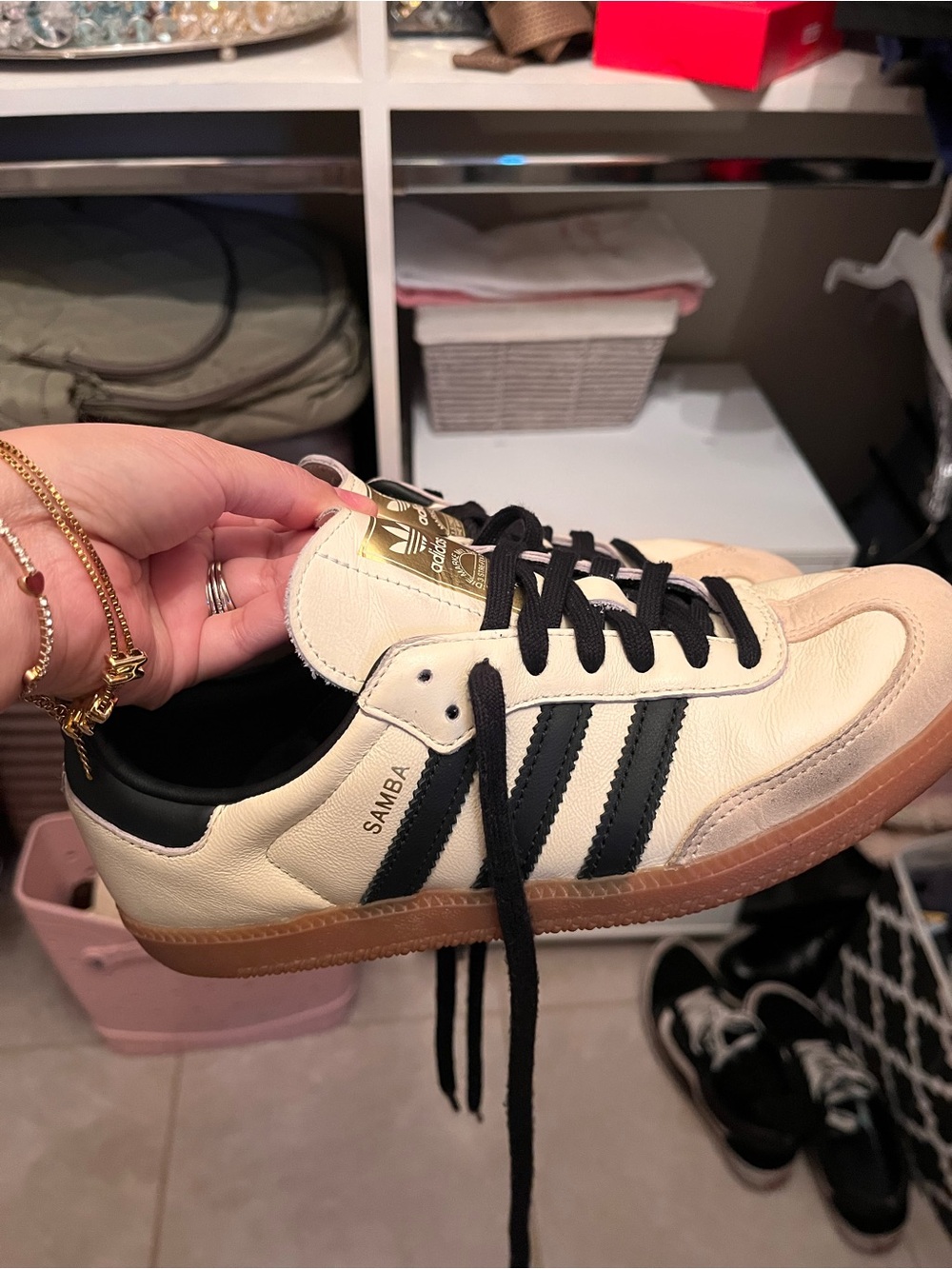 adidas Cream and Black Samba Style Sneakers with Gold Tongue Logo - Picture 2 of 6